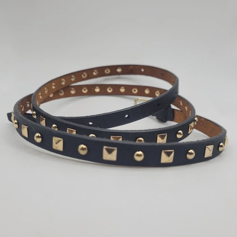 J. Crew Belt Large Black Leather Gold Studs Goth Punk Moto Biker Skinny Thin